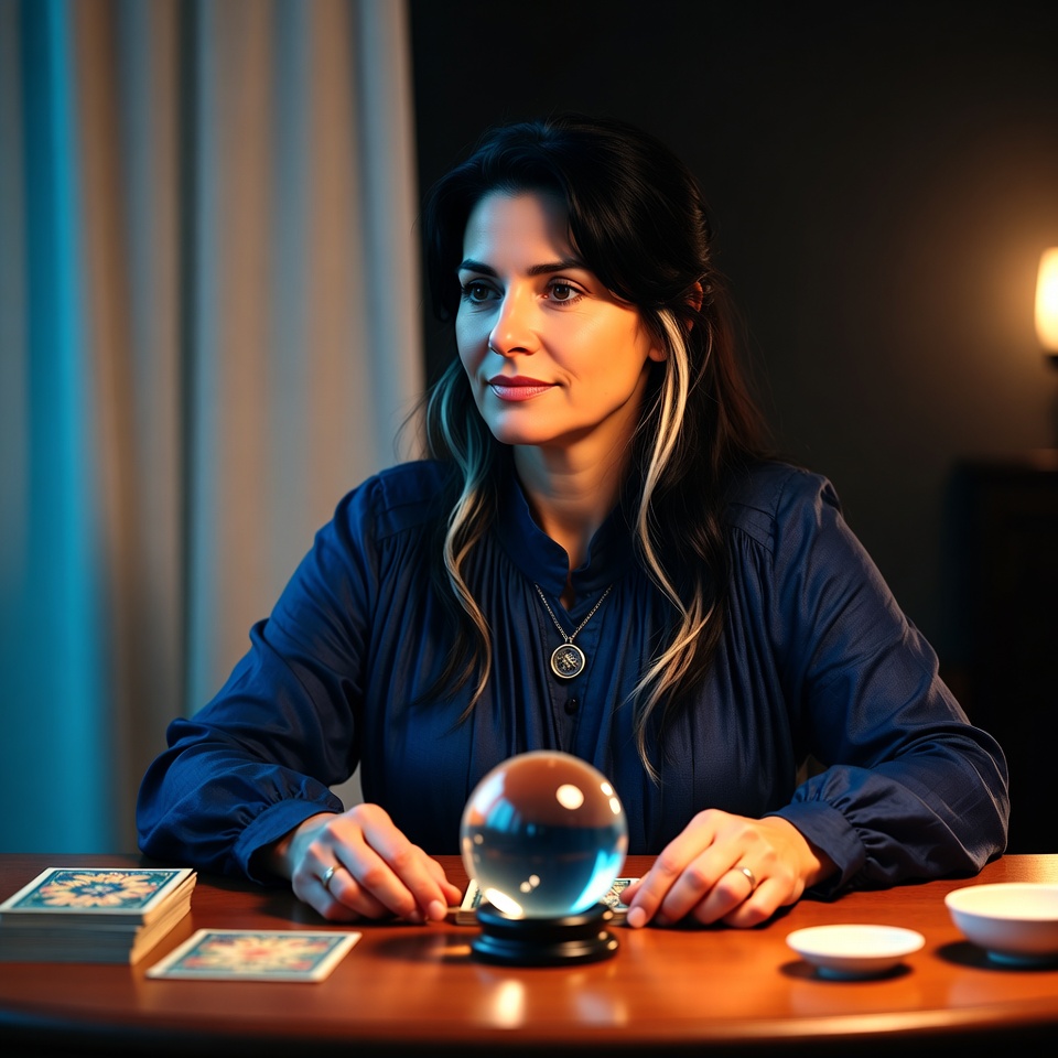 Celeste, the astrologer, seated with tarot cards and a crystal ball